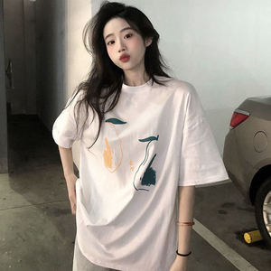 T0252-P25新款简约写意艺术印花纯棉短袖T恤女2025年夏宽松上衣