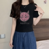 T0080-P35趣味减龄卡通猫咪印花T辣妹短款短袖T恤女修身，女装T恤，星座617A-2