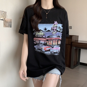 T0214-P25短袖t恤女宽松中学生韩版ins潮半袖胖mm慵懒风夏装大码,短风衣搭配斑马纹半裙图片