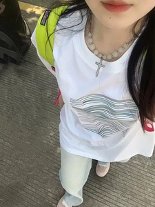 T0171-P25简约线条设计纯棉前印花短袖t恤男女款宽松版