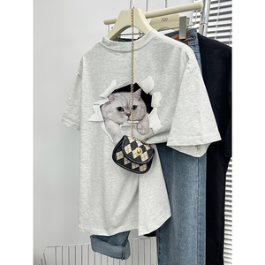 T0396-P30 春夏新款纯棉短袖T恤潮 萌宠立体猫咪情侣款图片