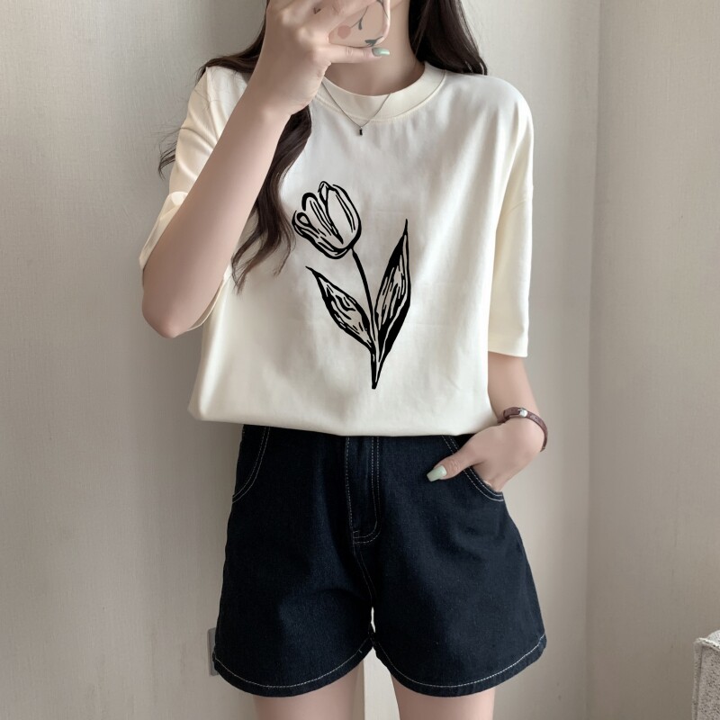T0373-P30100%棉精梳纯棉简约手绘花朵印花夏装短袖T恤女宽松,女装T恤,星座617A-2