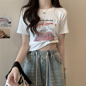 T0020-P35甜美少女短款可爱印花纯棉T短袖T恤女修身