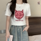 T0080-P35趣味减龄卡通猫咪印花T辣妹短款短袖T恤女修身，女装T恤，星座617A-2