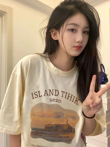 T0325-P25 杏色学生短袖t恤女温柔风夏季印花韩版宽松上衣图片