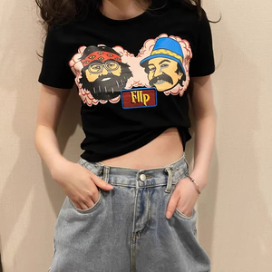 T0040-P35 短款美式复古印花短袖T恤女夏季新款少女修身显瘦上衣图片