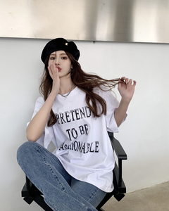 T041-P25 黑色美式复古字母印花半袖短袖T恤早春宽松休闲打底上衣图片