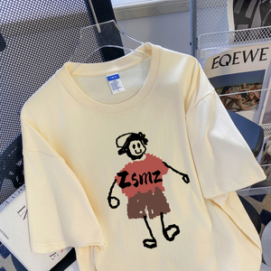 T0251-P25 2025新款宽松休闲印花T恤300斤夏新款字母落肩短袖女图片