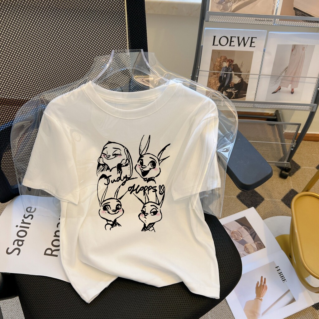 T0182-P25 简约手绘设计童趣可通兔子印花 纯棉短袖上衣图片