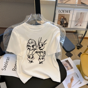T0182-P25 简约手绘设计童趣可通兔子印花 纯棉短袖上衣图片