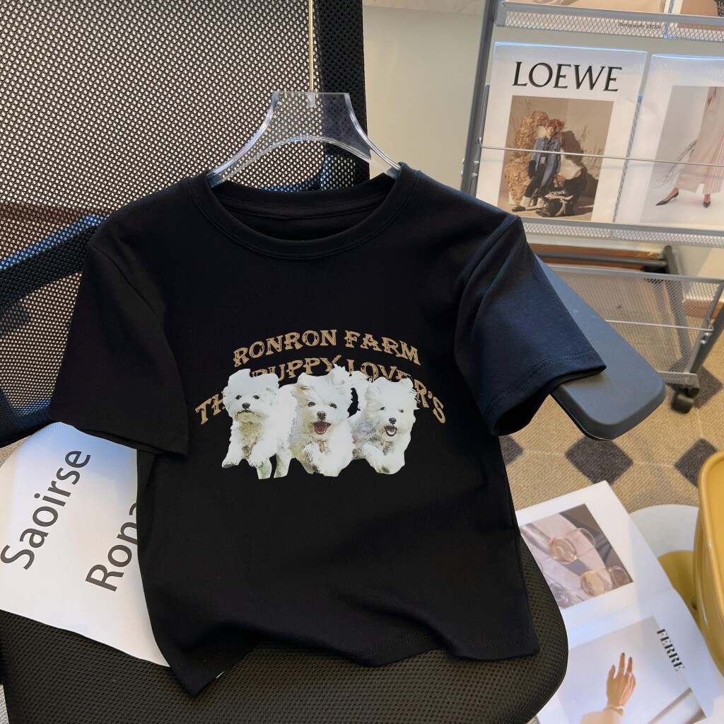 T0384-P25  2025春夏新款三只小狗狗萌宠印花短袖T恤女修身图片