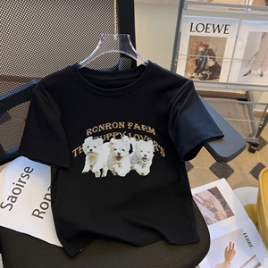 T0384-P25  2025春夏新款三只小狗狗萌宠印花短袖T恤女修身图片