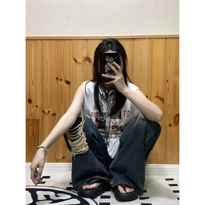 TB0975-P25美式复古甜酷女生穿搭春夏季宽松纯棉印花无袖背心女,男装背心/马甲,星座617A-2