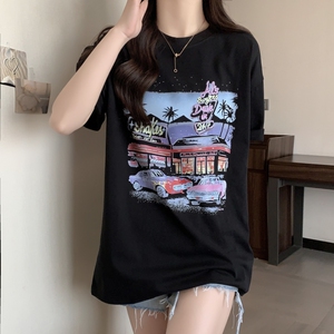 T0214-P25短袖t恤女宽松中学生韩版ins潮半袖胖mm慵懒风夏装大码