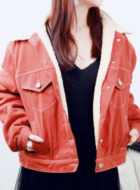 DTWO原创女装2018冬新款欧美潮牌牛仔羊糕毛加厚短外套棉衣女7357