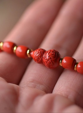 湘西水飞原矿朱砂龙纹女款手串红砂朱砂高含量天然辰砂可出证书