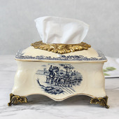 现代简约美式 别墅样板房装 奢华合金陶瓷抽纸盒 欧式 摆件 饰纸巾盒