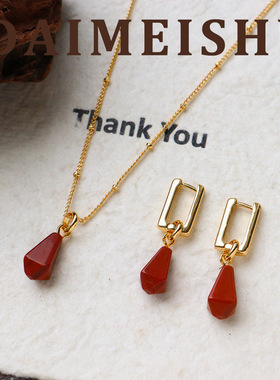 原创欧美时尚简约多切面红石吊坠项链轻奢高级感气质百搭锁骨链女