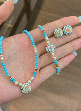 复古精致滴油微镶锆石松石施家珍珠串珠项链轻奢小众高级感锁骨链