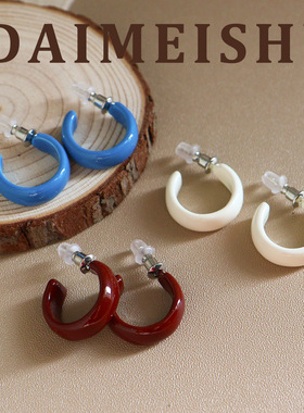 秋冬新款时尚简约百搭c型红色滴油珐琅耳环轻奢高级感925银针耳饰