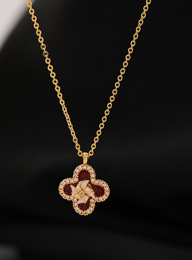 原创欧美时尚可转动红色风车四叶草项链精致轻奢百搭高级感锁骨链