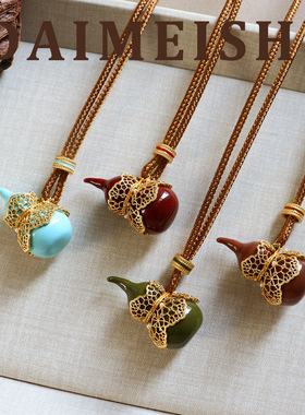 原创新中式彩色滴油珐琅珍珠蕾丝葫芦福禄毛衣链轻奢高级感长项链