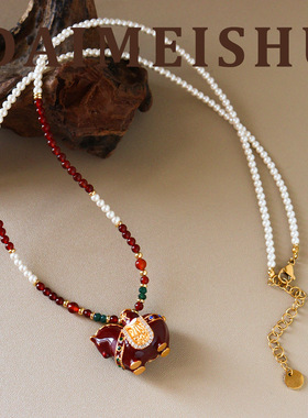 马年原创新中式复古精致红玛瑙小马钱袋毛衣链轻奢高级感长项链女