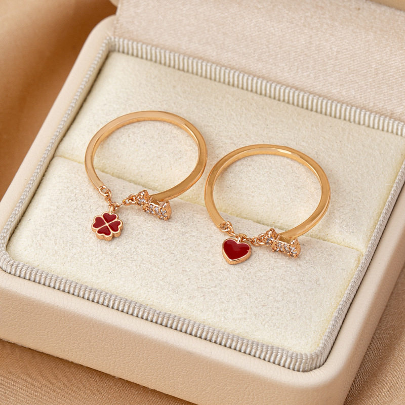 玫瑰金珐琅爱心小狗戒指可调节时尚开口甜美满钻高级百搭精致手饰