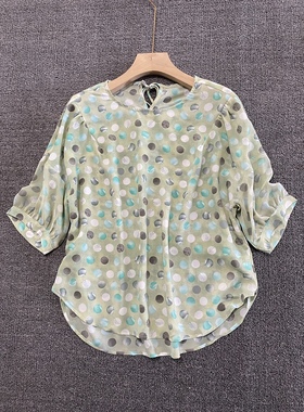 夏新款后背系带木耳边彩色波点宽松减龄桑蚕丝上衣29832