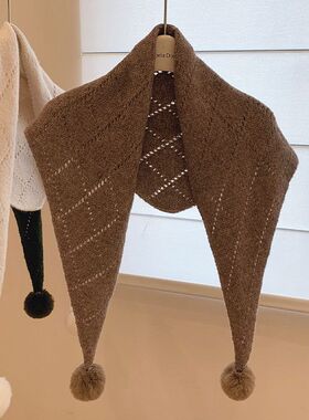 带球复古风毛球红色三角巾秋冬防风防寒多功能披肩围巾保暖披肩女