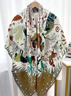 秋季新款双面异色数码印花真丝羊毛方巾围巾办公室披肩保暖围巾