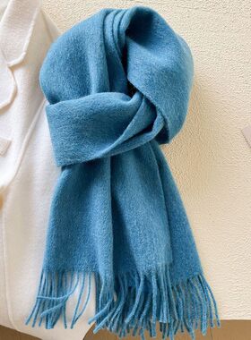湖蓝色羊毛围巾女软糯保暖纯色蓝色羊绒围脖男士情侣冬季