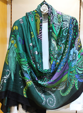 翡翠绿孔雀凤凰飞天印度异域风羊绒长巾克什米尔保暖围巾披肩围脖