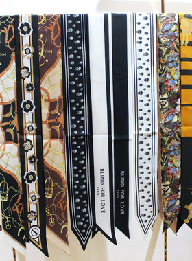 韩版简约春夏黑白绑包真丝斜纹长条丝巾装饰小领巾女飘带腰带