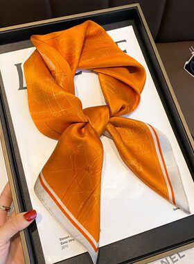 复古马车橙色真丝围巾100%桑蚕丝丝巾女秋冬天新款70CM小方巾披肩