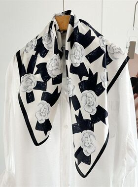 真丝丝巾女春夏小香风茶花桑蚕丝气质印花百搭中方巾外搭围巾披肩