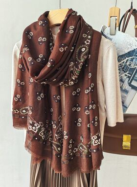 秋冬复古老钱风佩斯利腰果小碎花超细水溶羊毛长巾女士百搭围巾