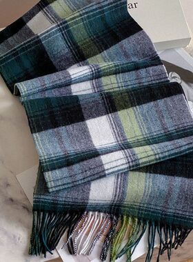 英国蓝绿色格纹羊毛围巾女2025新款加厚保暖围脖送男友披肩秋冬季