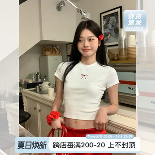 宋正恩蝴蝶结正肩女t恤夏季新款白色修身短款短袖别致绝美小上衣