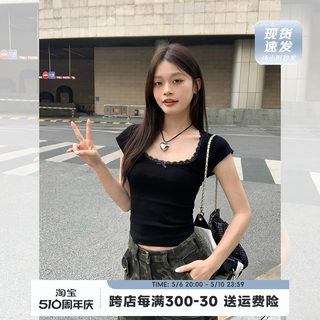 宋正恩黑色蝴蝶结蕾丝花边U领短袖t恤女夏季正肩短款修身纯欲上衣