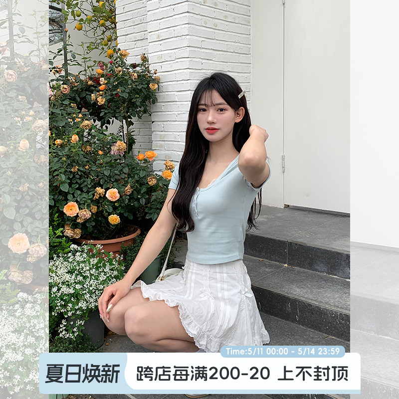 宋正恩蕾丝正肩短袖t恤女夏季新款假两件修身短款花边甜辣小上衣 女装/女士精品 T恤 原图主图