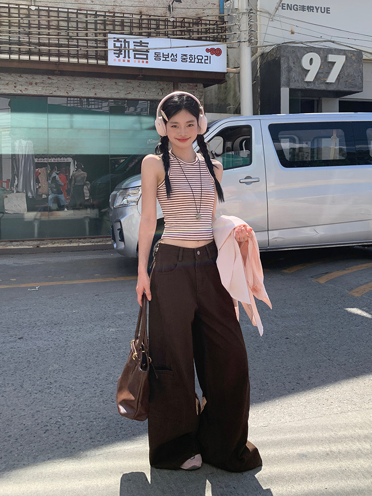 Coffee-Colored Wide-Leg Denim Cargo Pants for Women, 2025 Autumn New High-Waisted Straight-Leg Versatile Floor-Length Pants