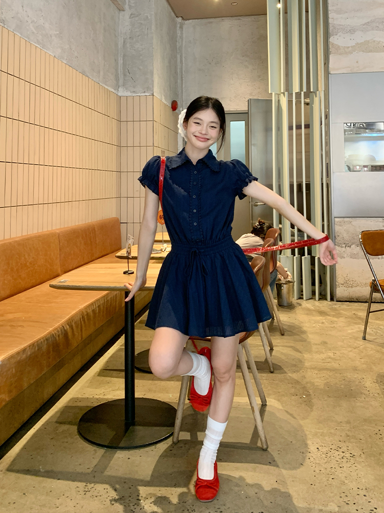 Navy Blue Puff Sleeve Shirt Dress for Women, Summer, Very Stylish, Korean Style, Petite A-Line Short Dress