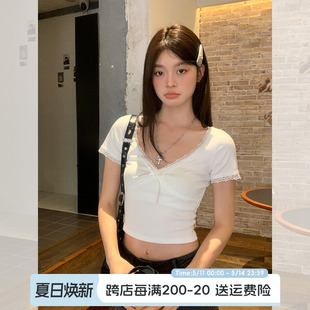 修身 显瘦正肩短款 t恤女夏季 宋正恩白色蝴蝶结蕾丝V领短袖 甜辣上衣