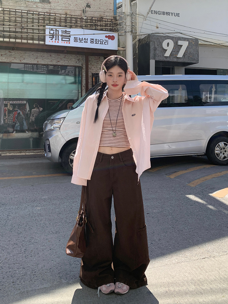 Coffee-Colored Wide-Leg Denim Cargo Pants for Women, 2025 Autumn New High-Waisted Straight-Leg Versatile Floor-Length Pants