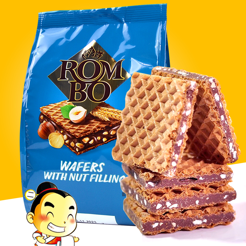 俄罗斯进口ROMBO牌榛子味夹心威化饼干巧克力坚果碎办公室零食品