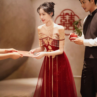 敬酒服新娘2026新款春季酒红色结婚中式秀禾回门礼服厂家货源