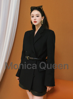 御姐风黑色西装外套女收腰系带中长款气质职业装极简风