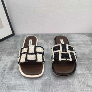 疯狂星团一字面2024夏季编织低跟外穿拖鞋女细跟方头露趾真皮凉拖