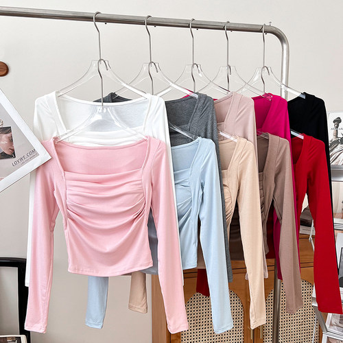 方领褶皱修身显瘦短款长袖t恤